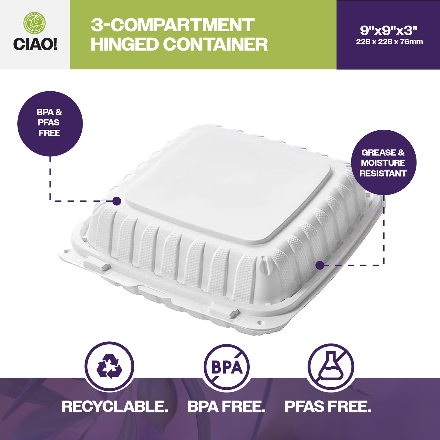 CIAO! 9"x9"x3" MFPP White Hinged Container With Lid 3 Compartment (Case of 150)