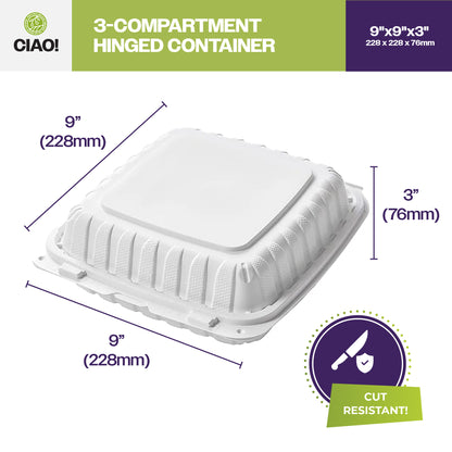 CIAO! 9"x9"x3" MFPP White Hinged Container With Lid 3 Compartment (Case of 150)