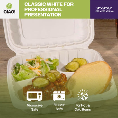 CIAO! 9"x9"x3" MFPP White Hinged Container With Lid 3 Compartment (Case of 150)