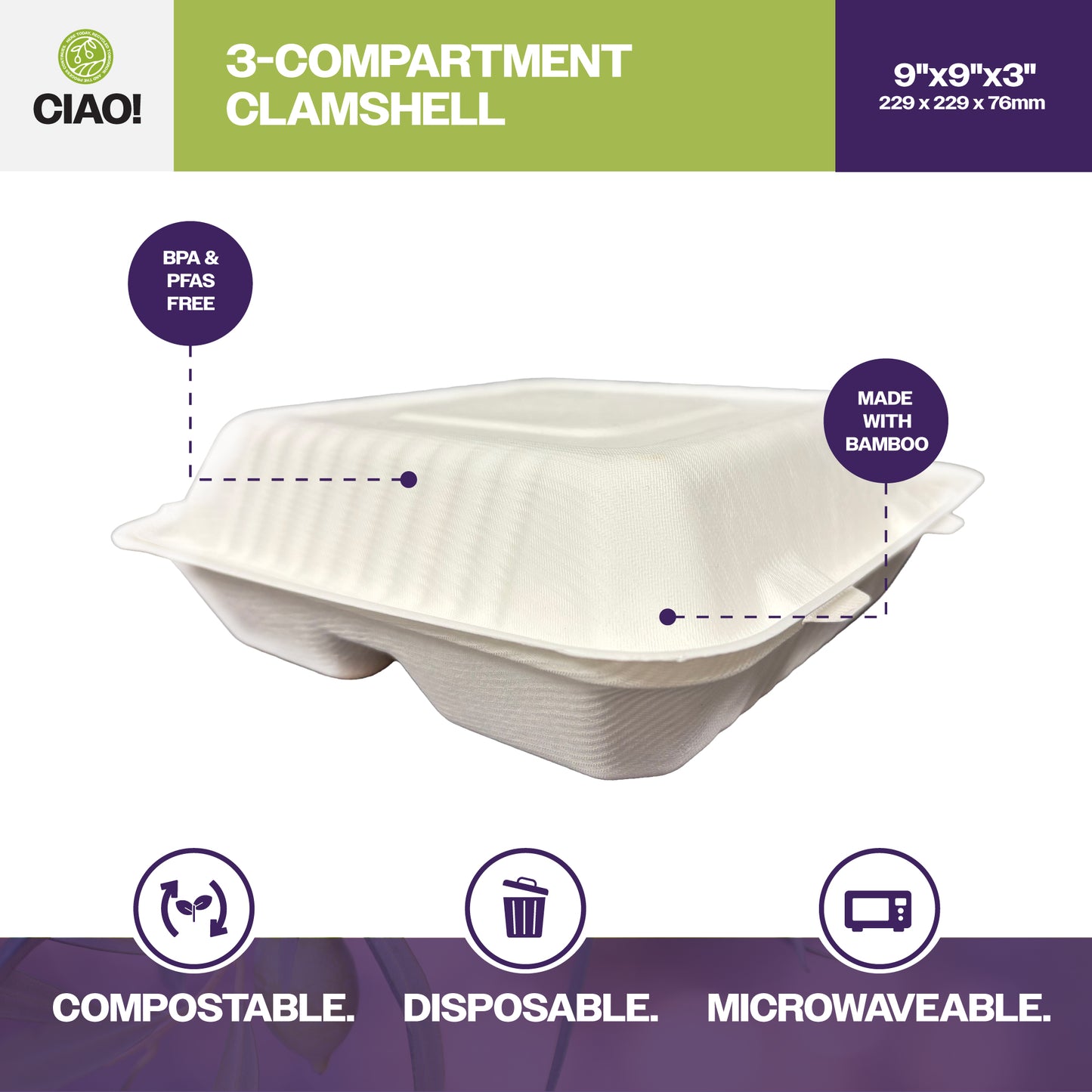 CIAO! 9"x9"x3" Clamshell 3 Compartment 100% Compostable Ecofriendly PFAS Free Unbleached Bagasse Natural White (200/case)