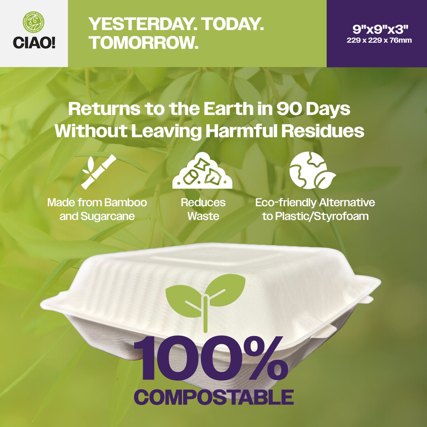 CIAO! 9"x9"x3" Clamshell 3 Compartment 100% Compostable Ecofriendly PFAS Free Unbleached Bagasse Natural White (200/case)