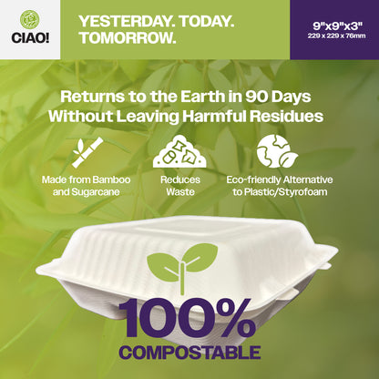 CIAO! 9"x9"x3" Clamshell 3 Compartment 100% Compostable Ecofriendly PFAS Free Unbleached Bagasse Natural White (200/case)