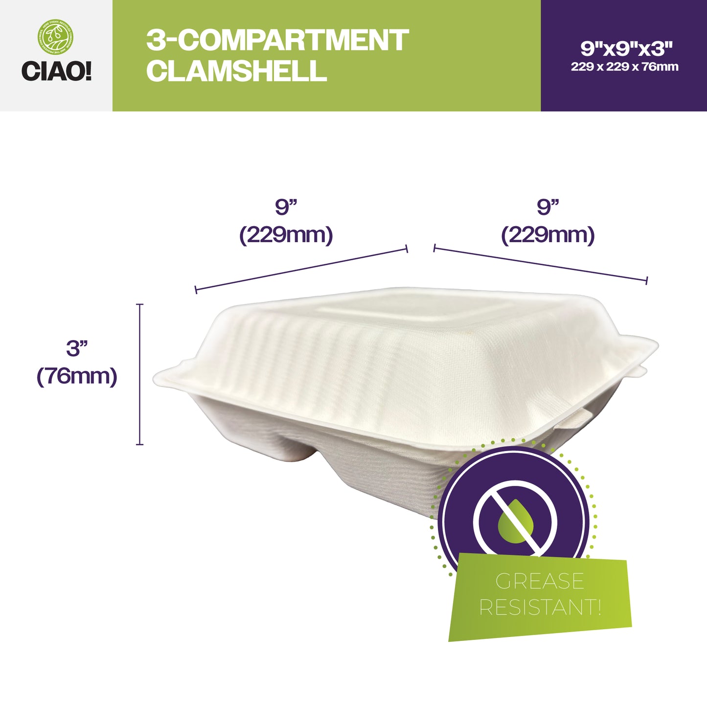 CIAO! 9"x9"x3" Clamshell 3 Compartment 100% Compostable Ecofriendly PFAS Free Unbleached Bagasse Natural White (200/case)