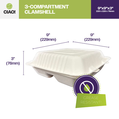 CIAO! 9"x9"x3" Clamshell 3 Compartment 100% Compostable Ecofriendly PFAS Free Unbleached Bagasse Natural White (200/case)