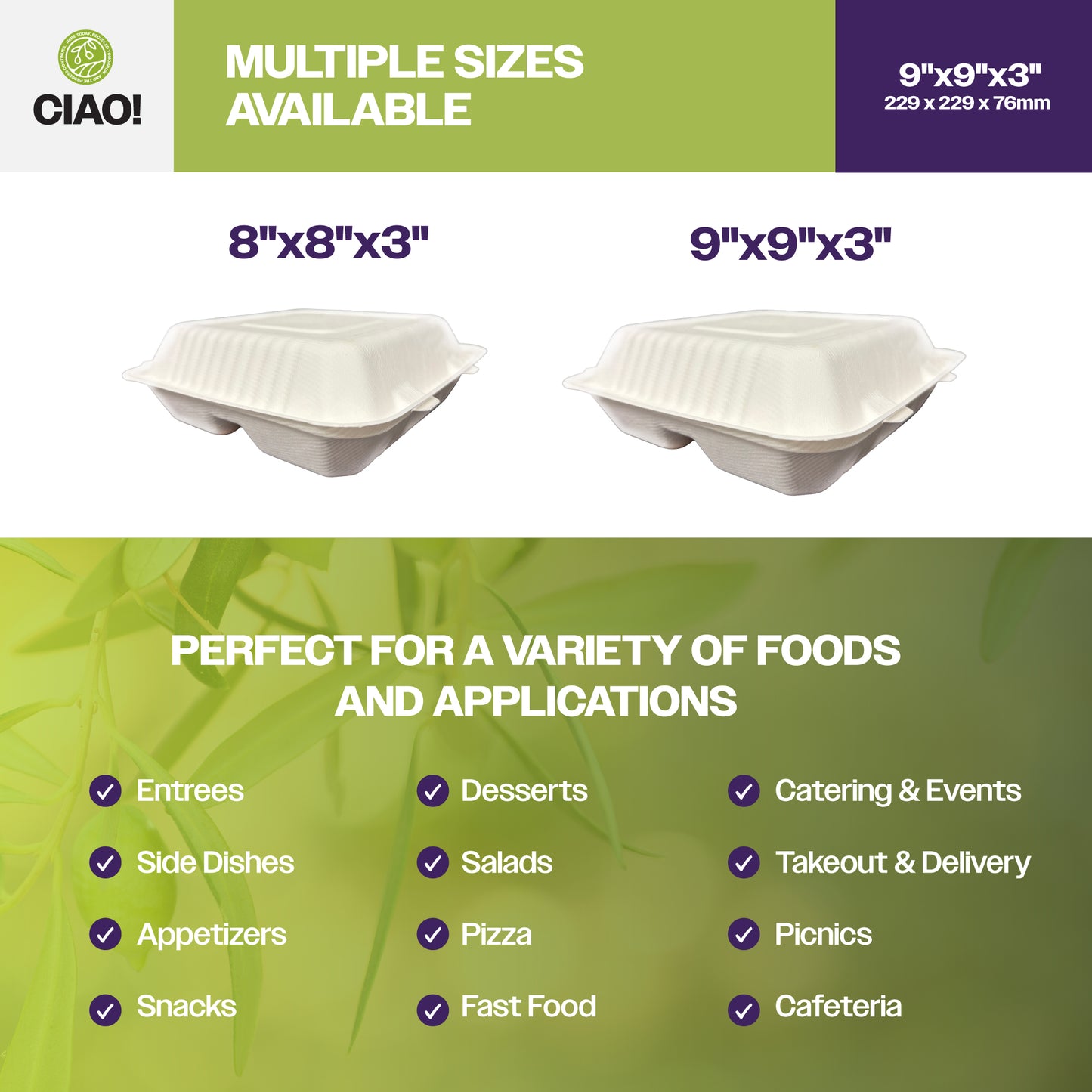 CIAO! 9"x9"x3" Clamshell 3 Compartment 100% Compostable Ecofriendly PFAS Free Unbleached Bagasse Natural White (200/case)
