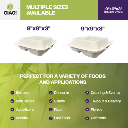 CIAO! 9"x9"x3" Clamshell 3 Compartment 100% Compostable Ecofriendly PFAS Free Unbleached Bagasse Natural White (200/case)