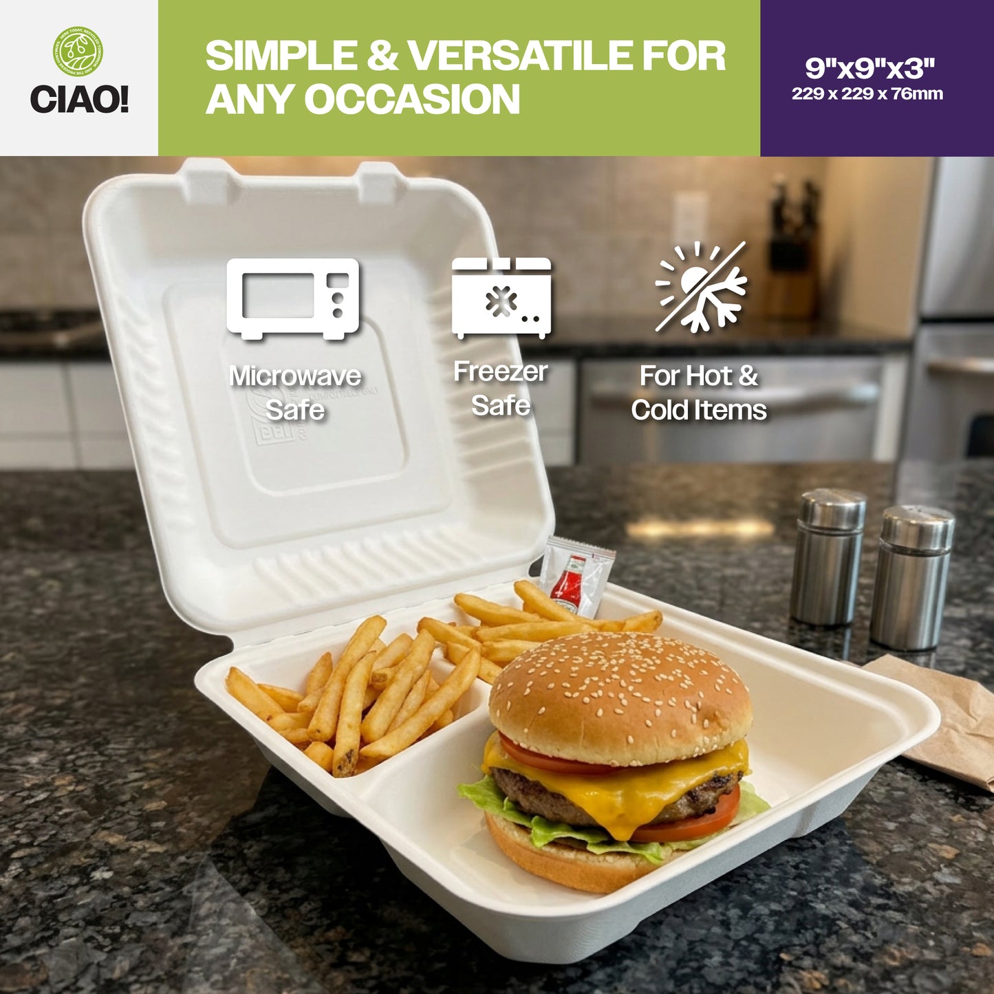 CIAO! 9"x9"x3" Clamshell 3 Compartment 100% Compostable Ecofriendly PFAS Free Unbleached Bagasse Natural White (200/case)