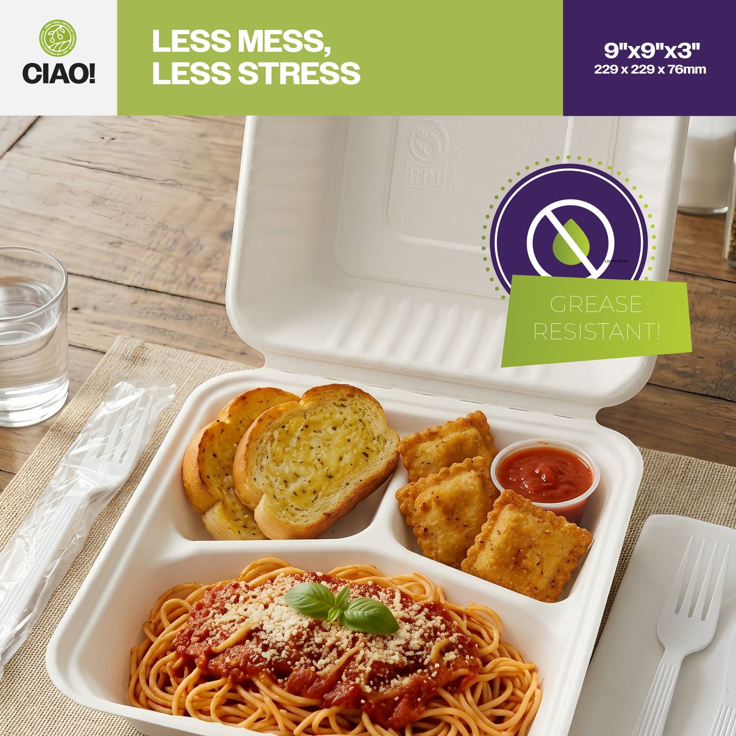 CIAO! 9"x9"x3" Clamshell 3 Compartment 100% Compostable Ecofriendly PFAS Free Unbleached Bagasse Natural White (200/case)