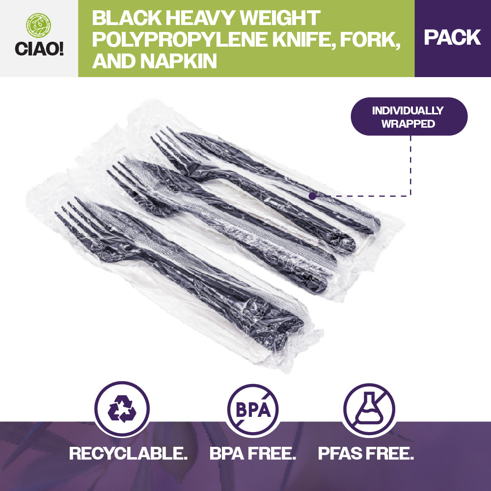 CIAO! Heavy Weight Black Individually Wrapped 3 Piece Cutlery Kit - Knife, Fork, Napkin (Case of 250)