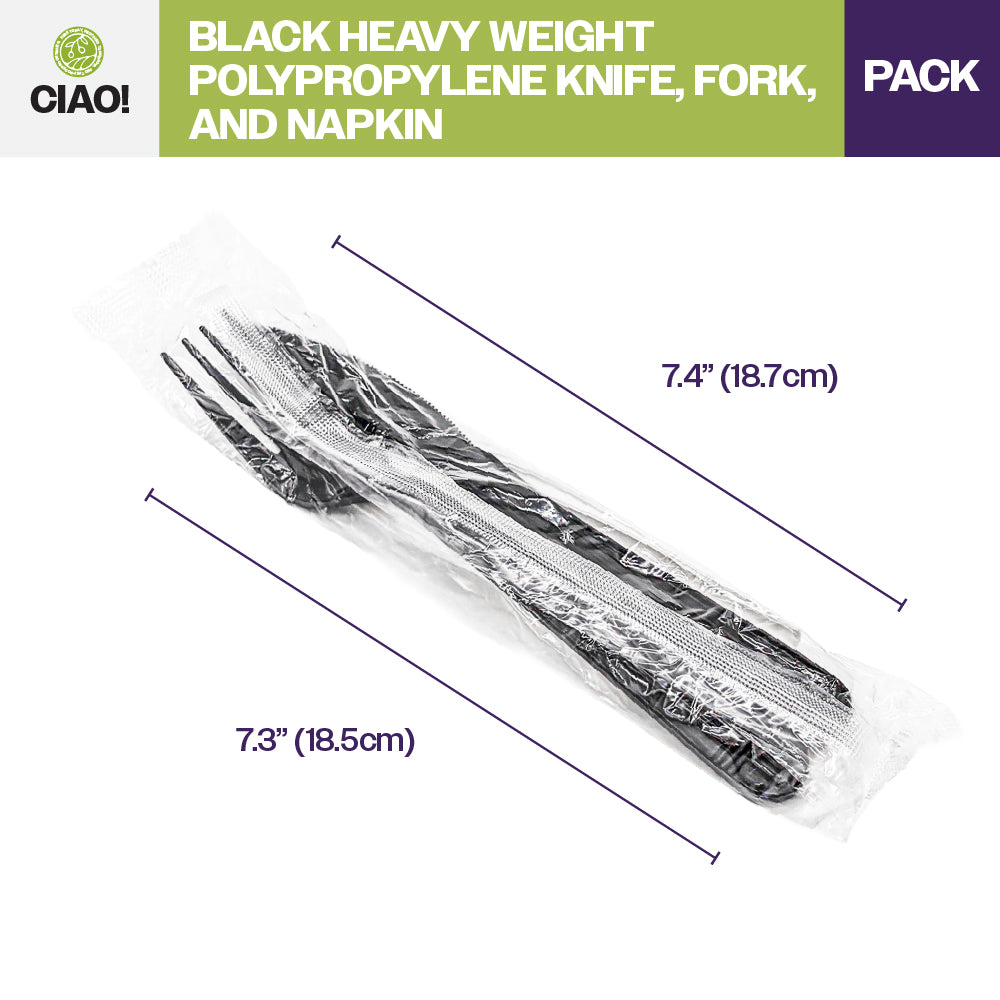 CIAO! Heavy Weight Black Individually Wrapped 3 Piece Cutlery Kit - Knife, Fork, Napkin (Case of 250)