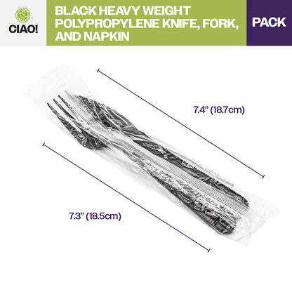 CIAO! Heavy Weight Black Individually Wrapped 3 Piece Cutlery Kit - Knife, Fork, Napkin (Case of 250)