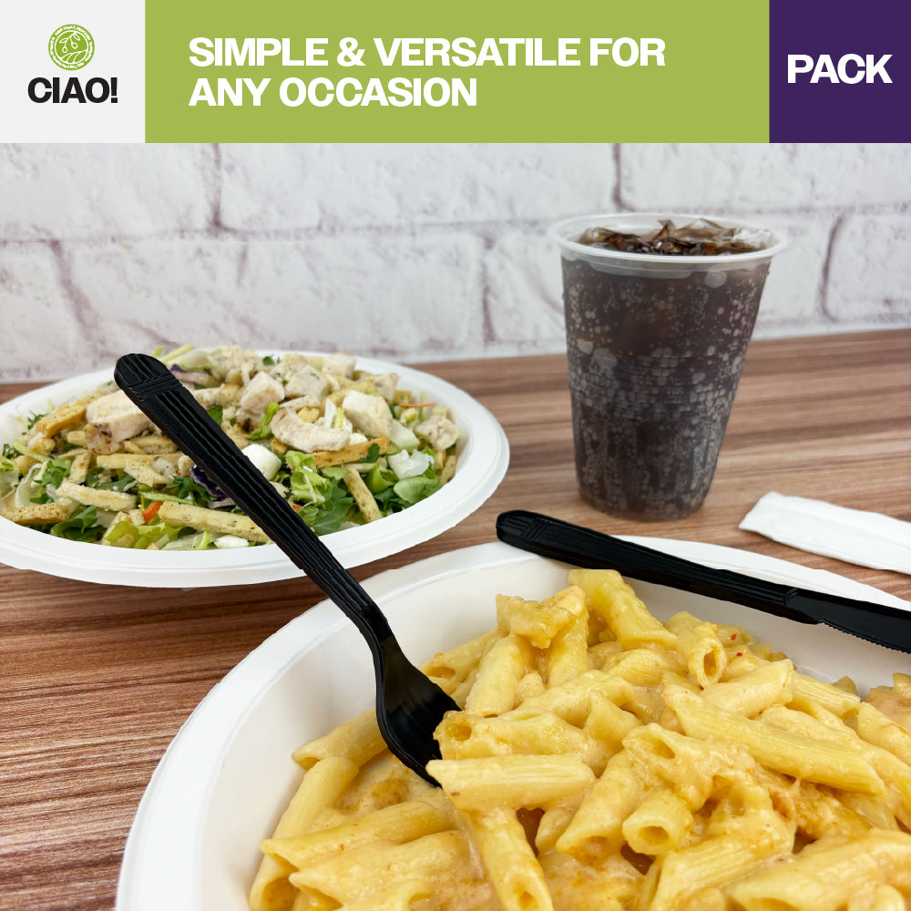 CIAO! Heavy Weight Black Individually Wrapped 3 Piece Cutlery Kit - Knife, Fork, Napkin (Case of 250)