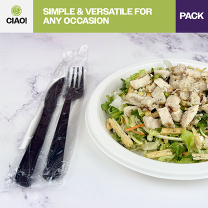 CIAO! Heavy Weight Black Individually Wrapped 3 Piece Cutlery Kit - Knife, Fork, Napkin (Case of 250)