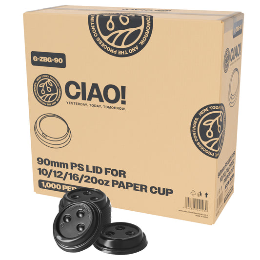 CIAO! Polystyrene Black Lid, 90mm, For 10, 12, 16 and 20 oz Paper Cup, 1,000 Count