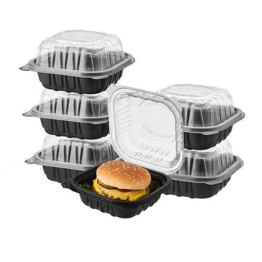 CIAO! 6"x6"x3" Polypropylene Black bottom with Clear Lid Hinged Container 1 Compartment Take Out Container, Microwavable, Recyclable and Reusable, (Case of 300)