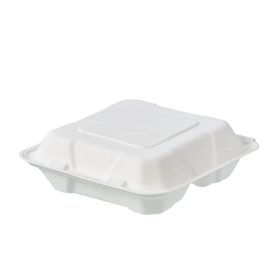 CIAO! 8"x8"x3" Clamshell 1 Compartment 100% Compostable Ecofriendly PFAS Free Unbleached Bagasse Natural White (200/case) …