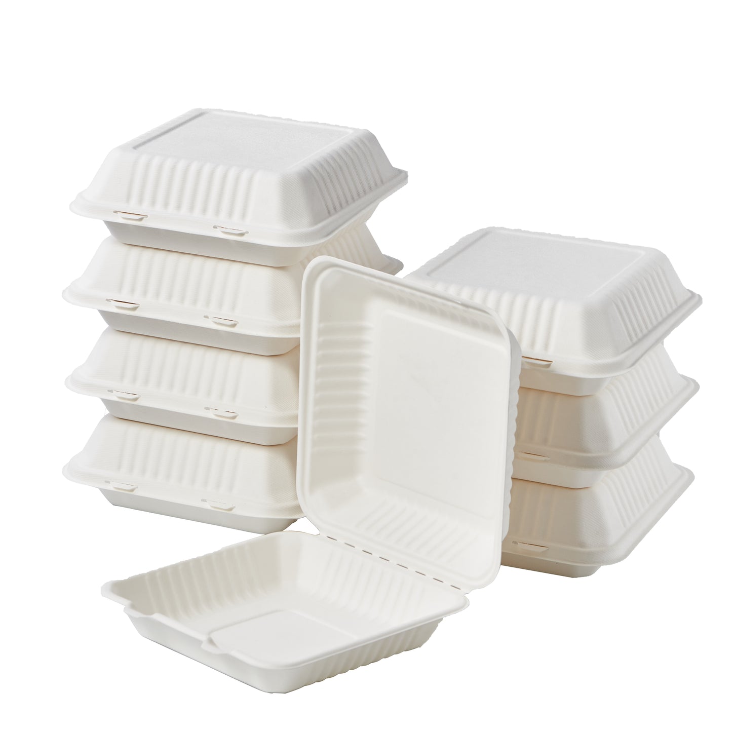 CIAO! 9"x9"x3" Clamshell 1 Compartment 100% Compostable Ecofriendly PFAS Free Unbleached Bagasse Natural White (200/case) …
