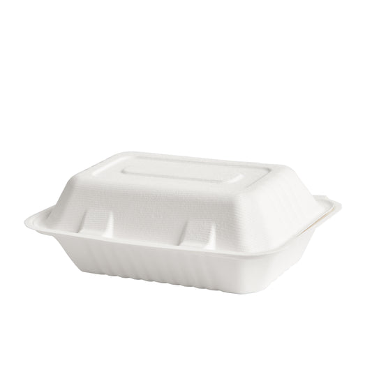 CIAO! 9"X6"X3" Clamshell 1 Compartment 100% Compostable Ecofriendly PFAS Free Unbleached Bagasse Natural White (250/case) …