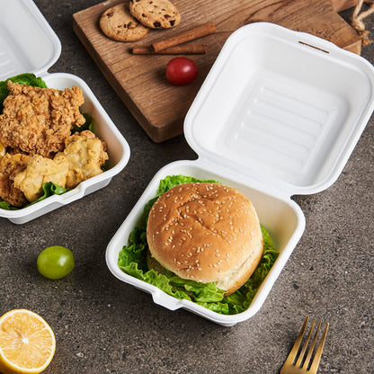 CIAO! 6"x6"x3" Clamshell 1 Compartment 100% Compostable Ecofriendly PFAS Free Unbleached Bagasse Natural White (500/case) …