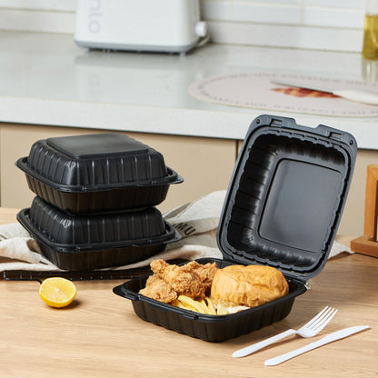 CIAO! 8"x8"X3" MFPP Black Hinged Container With Lid 1 Compartment (Case of 200)