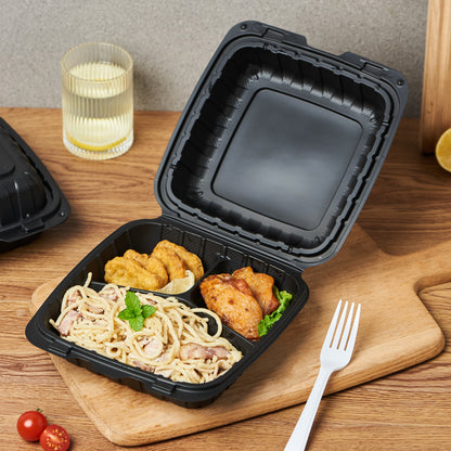 CIAO! 8"x8"x3" MFPP Black Hinged Container With Lid 3 Compartment (Case of 200)