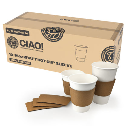 CIAO! Kraft Hot Coffee Cup Sleeves, Fits 10–16 oz Paper Cups, Disposable Insulated Cup Sleeves, Bulk Pack of 1000