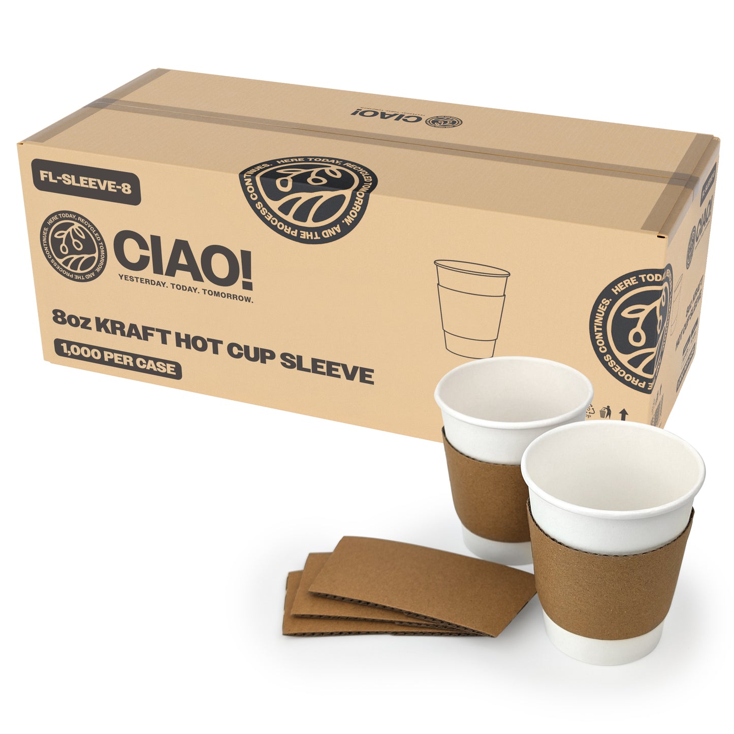 CIAO! Kraft Hot Coffee Cup Sleeves, Fits 8oz Paper Cups, Disposable Insulated Cup Sleeves, Bulk Pack of 1000