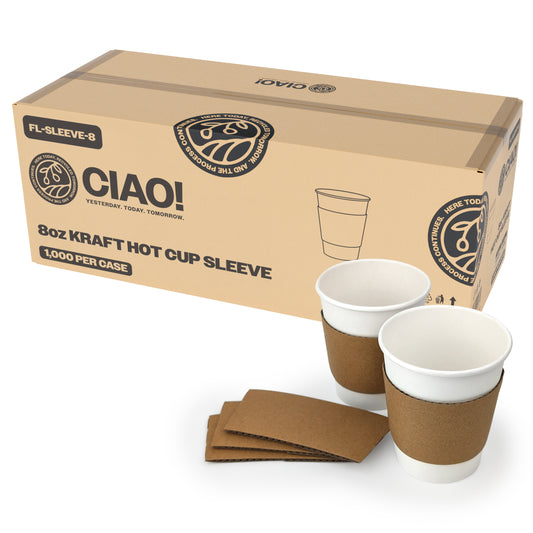 CIAO! Kraft Hot Coffee Cup Sleeves, Fits 8oz Paper Cups, Disposable Insulated Cup Sleeves, Bulk Pack of 1000