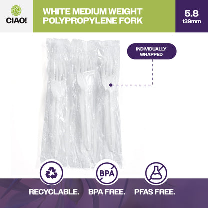 CIAO! Medium Weight Disposable White Fork Polypropylene Individually Wrapped (Case of 1,000)