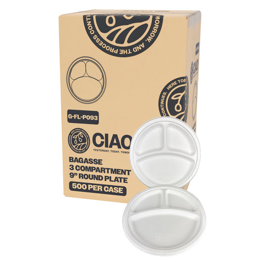 CIAO! 9" Heavy Duty Plate 3 compartment 100% Compostable PFAS Free Unbleached Bagasse Natural White (Pack of 500)