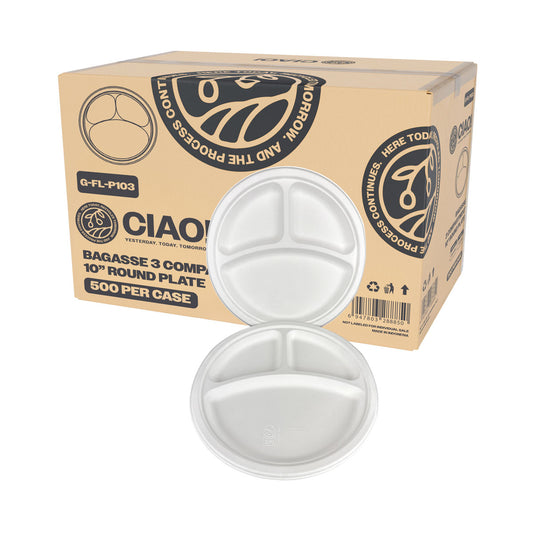 CIAO! 10" Heavy Duty Plate 3 compartment 100% Compostable PFAS Free Unbleached Bagasse Natural White (Pack of 500)