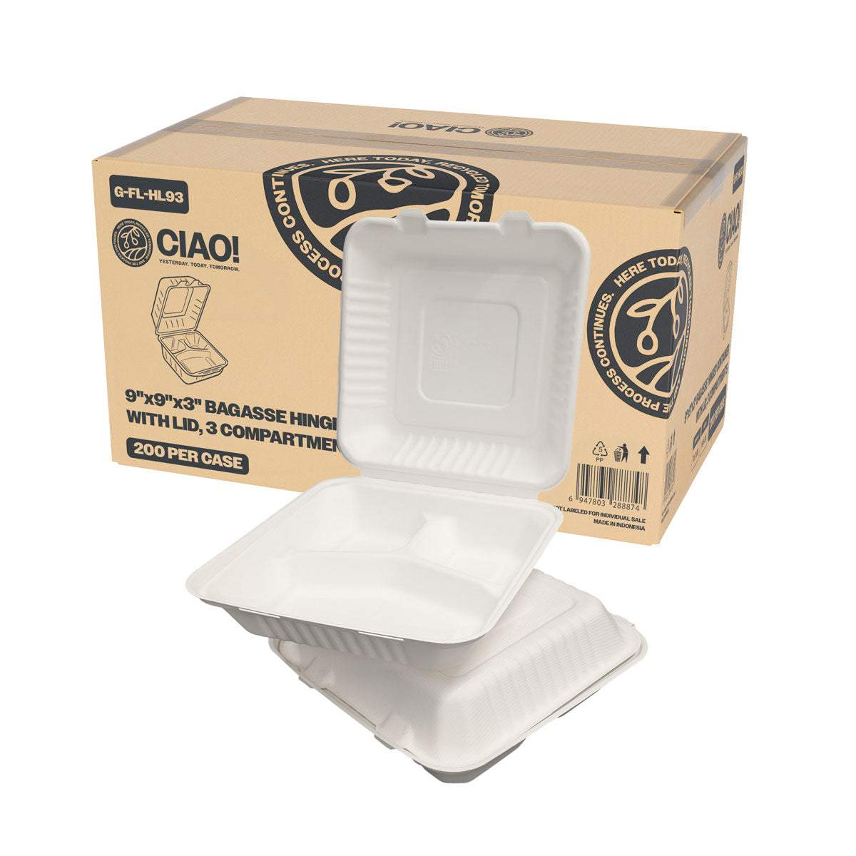 CIAO! 9"x9"x3" Clamshell 3 Compartment 100% Compostable Ecofriendly PFAS Free Unbleached Bagasse Natural White (200/case)