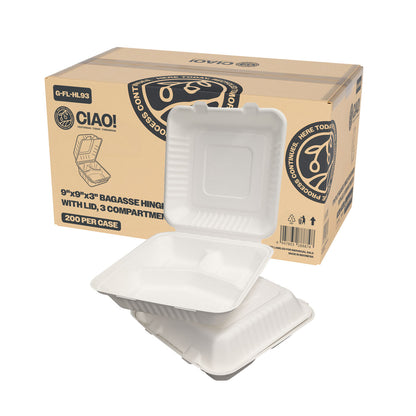 CIAO! 9"x9"x3" Clamshell 3 Compartment 100% Compostable Ecofriendly PFAS Free Unbleached Bagasse Natural White (200/case)