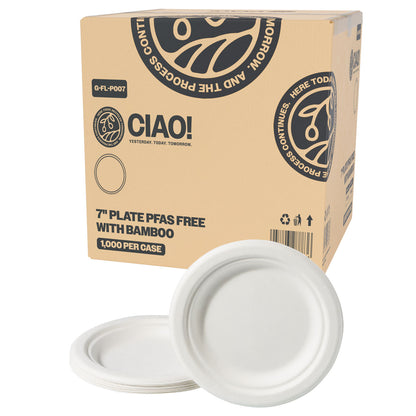 CIAO! 7" Heavy Duty Plate 100% Compostable Ecofriendly PFAS Free Unbleached Bagasse Natural White (Pack of 1,000)