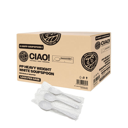 CIAO! Heavy Weight White Soupspoons Polypropylene Individually Wrapped (Case of 1,000)
