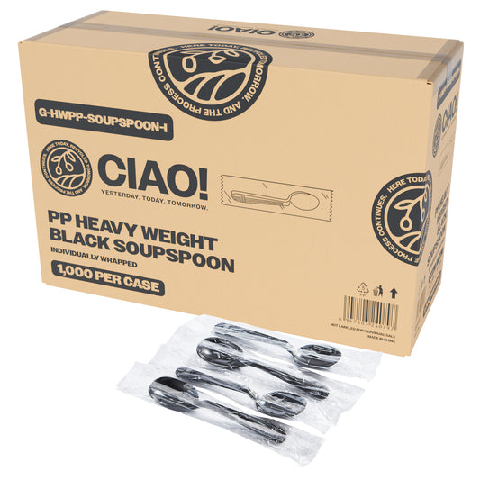 CIAO! Heavy Weight Black Soupspoons Polypropylene Individually Wrapped (Case of 1,000)