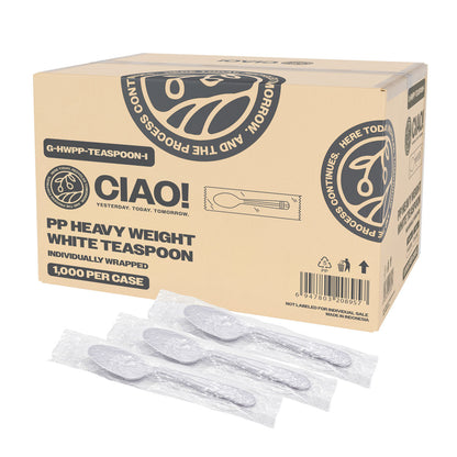 CIAO! Heavy Weight Disposable White Teaspoons Polypropylene Individually Wrapped (Case of 1,000)
