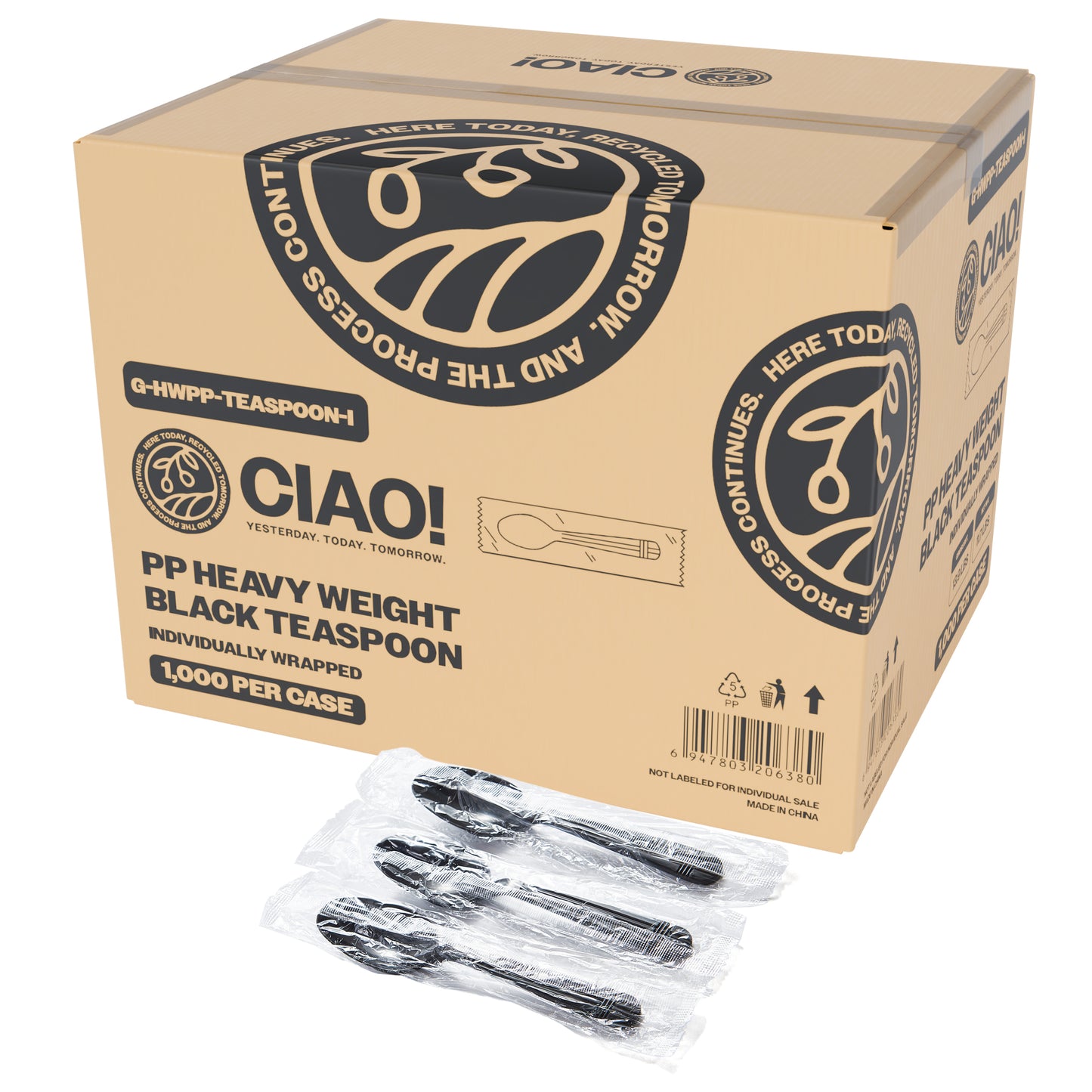 CIAO! Heavy Weight Disposable Black Teaspoons Polypropylene Individually Wrapped (Case of 1,000)