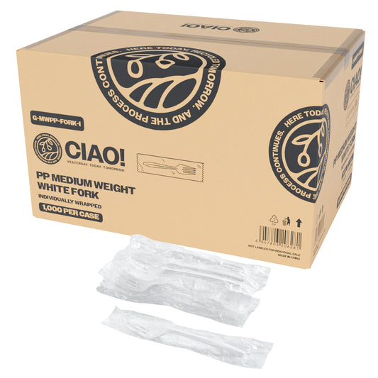 CIAO! Medium Weight Disposable White Fork Polypropylene Individually Wrapped (Case of 1,000)