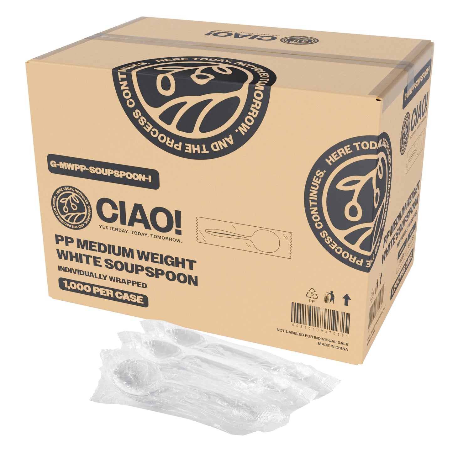 CIAO! Medium Weight Disposable White Soupspoons Polypropylene Individually Wrapped (Case of 1,000)