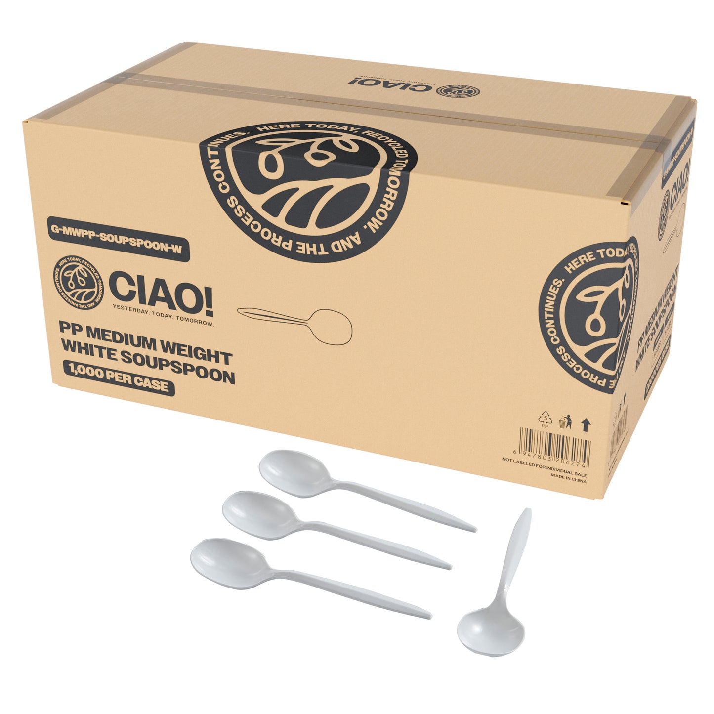 CIAO! Medium Weight Disposable White Soupspoons Polypropylene (Case of 1,000)