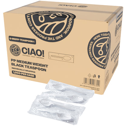 CIAO! Medium Weight Disposable White Teaspoons Polypropylene Individually Wrapped (Case of 1,000)