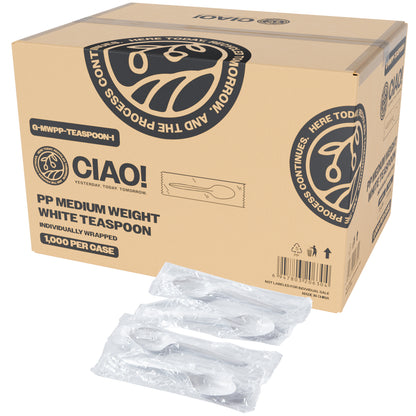 CIAO! Medium Weight Disposable White Teaspoons Polypropylene Individually Wrapped (Case of 1,000)