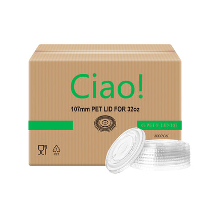 CIAO! 107mm Diameter Ultra Clear PET Flat Lid with Straw Slot - Fits CIAO! Brand 32 oz PET Cups Cups Only (Case of 300)