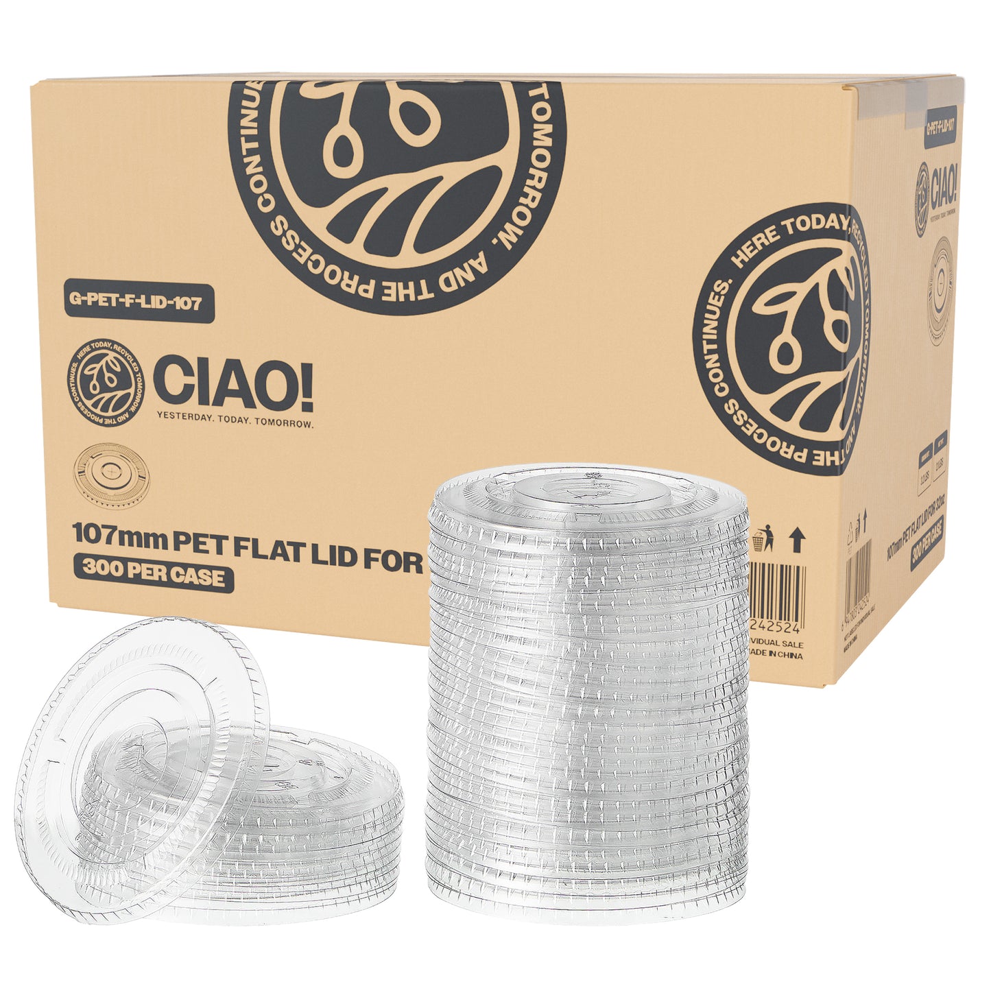 CIAO! 107mm Diameter Ultra Clear PET Flat Lid with Straw Slot - Fits CIAO! Brand 32 oz PET Cups Cups Only (Case of 300)