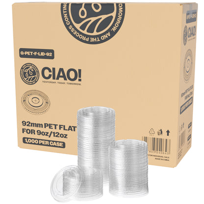 CIAO! 92MM PET Flat Lid with Straw Slot for 9OZ/12OZ CIAO! PET Cold Drink Cups (Case of 1,000)