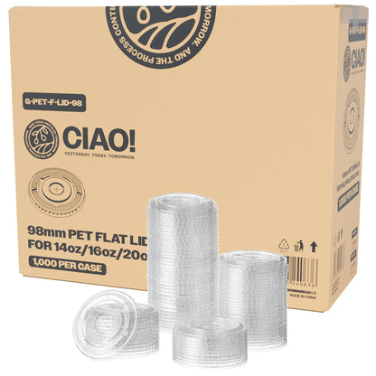 CIAO! 98MM PET Flat Lid with Straw Slot for 14OZ/16OZ/20OZ/24OZ CIAO! PET Cold Drink Cups (Case of 1,000)