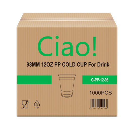 CIAO! 12OZ PP Plastic Cold Drink Cup, Great for Smoothies, Iced Coffee, Boba and Cold Drinks, 98mm (Case of 1,000)