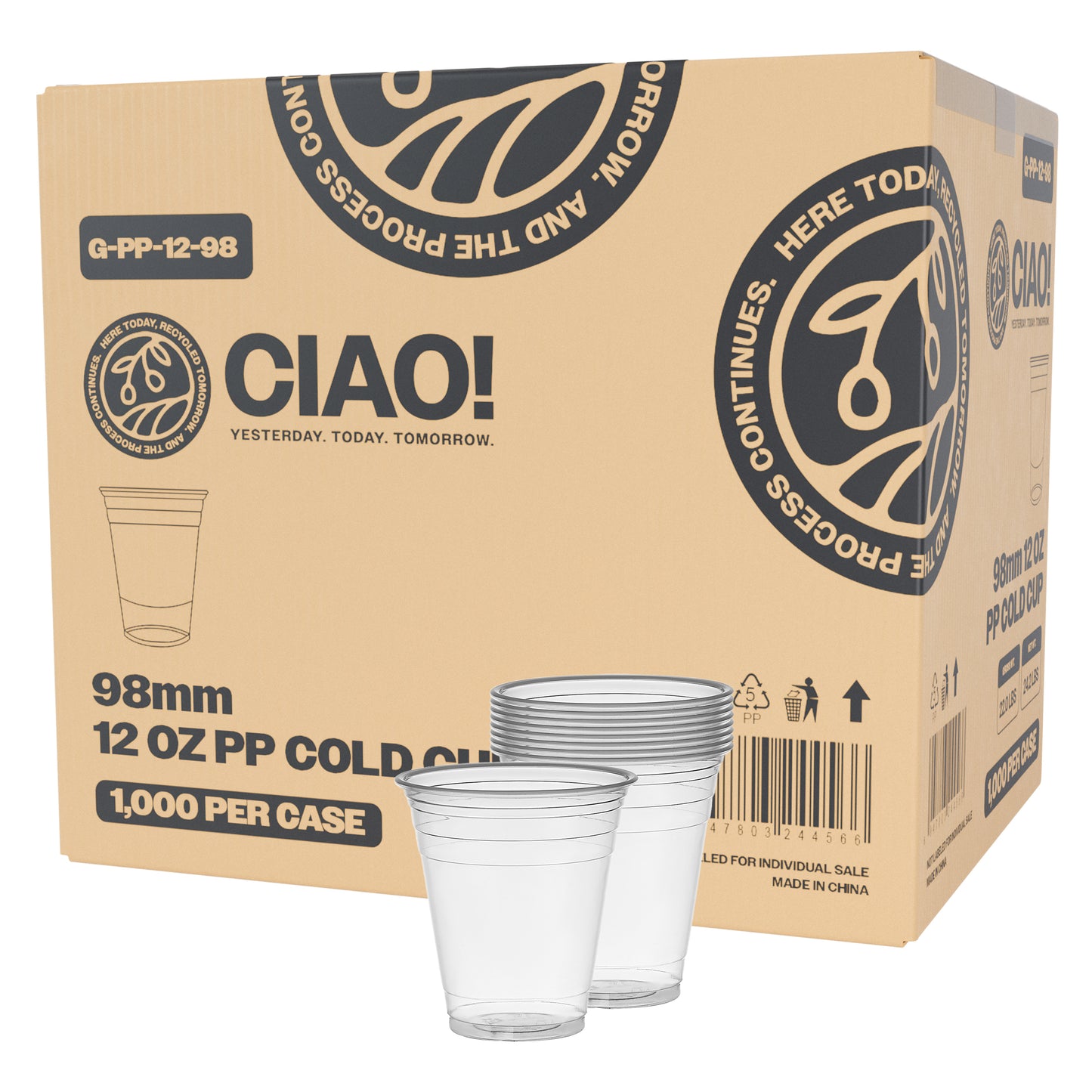 CIAO! 12OZ PP Plastic Cold Drink Cup, Great for Smoothies, Iced Coffee, Boba and Cold Drinks, 98mm (Case of 1,000)