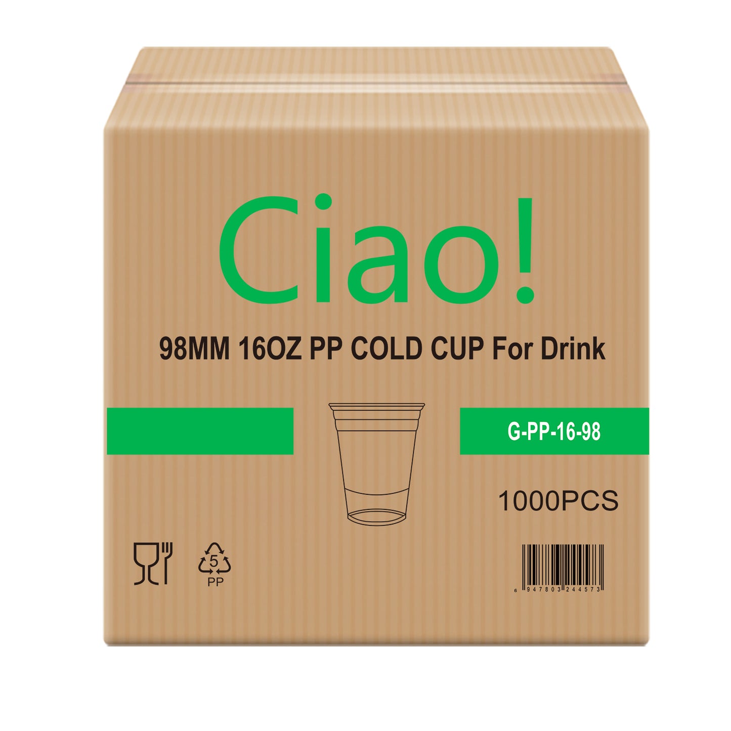 CIAO! 16OZ PP Plastic Cold Drink Cup, Great for Smoothies, Iced Coffee, Boba and Cold Drinks, 98mm (Case of 1,000)